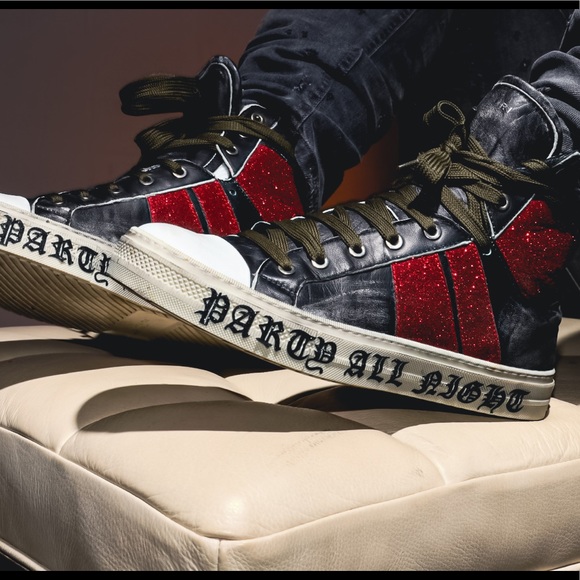 AMIRI Party red glitter high tops Sz 42 US 9 - Picture 1 of 7